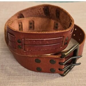 Men's Medium Genuine Leather Amber Brown Belt With Antique Rustic Style Buckle